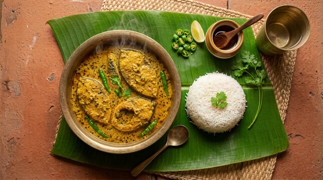 Authentic Bengali Shorshe Ilish Mustard Fish Curry with Steamed Rice on Banana Leaf