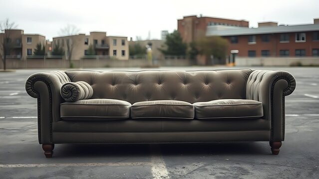 flagrant. A worn-out sofa on an empty urban lot, overcast daylight. real-estate listings, architecture portfolios, designed for interior renovation comparisons for interiors.
