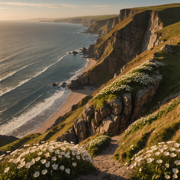 Dramatic Welsh coastal cliff path with sea campion flowers and crashin...