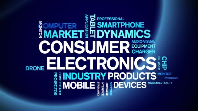 Consumer Electronics animated word cloud-gross domestic product animation tag kinetic typography seamless loop.