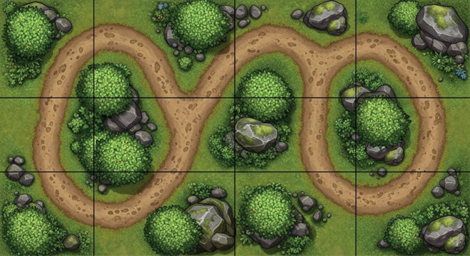 Fantasy battle map with winding dirt path, top down forest game environment with green trees and rocks, tabletop rpg grid background