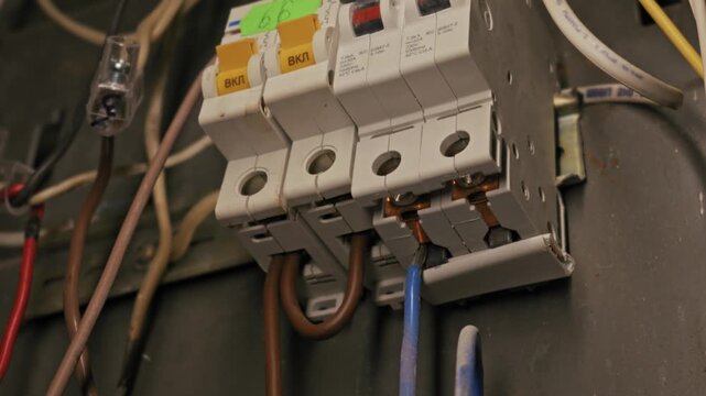 Electrical circuit breakers with connected brown and blue wires mount on a din rail. Close focus highlights industrial textures and dusty connections inside a fuse box.