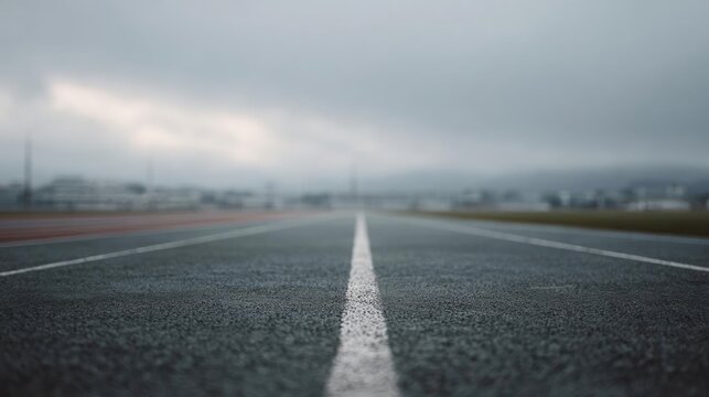 Close-up of an empty running track. the track is made of asphalt and has a white line in the center. the background is blurred, but it appears to be a cityscape with buildings and power lines visible.