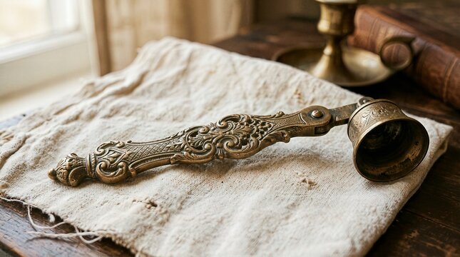 Ornate vintage brass candle snuffer tool on rustic linen with antique book background