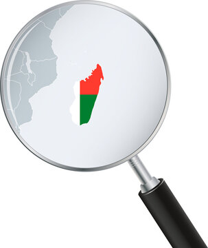 Madagascar Map Under Magnifying Glass with National Flag