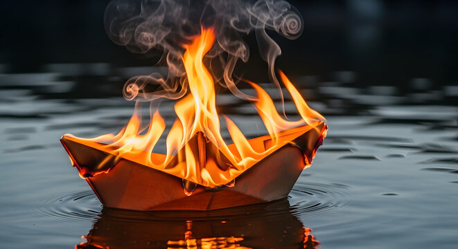 Burning paper boat on water with flames and smoke