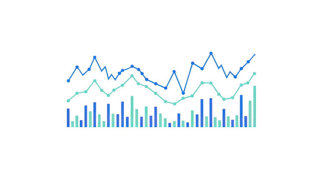 Colorful line graph and bar chart representing data trends over time isolated on transparent background
