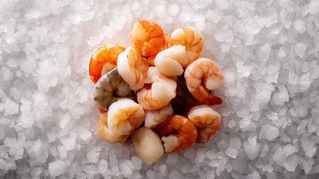 Fresh shrimp delicately arranged over a bed of coarse salt, highlighting their textures and colors