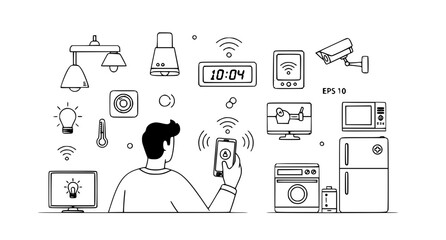 Fototapeta premium Smart Home Control System Vector Illustration – Man Using Smartphone
