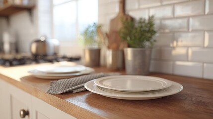 Fototapeta premium Kitchen countertop with a stack of white plates on it. the countertop is made of light-colored wood and has a white tile backsplash.