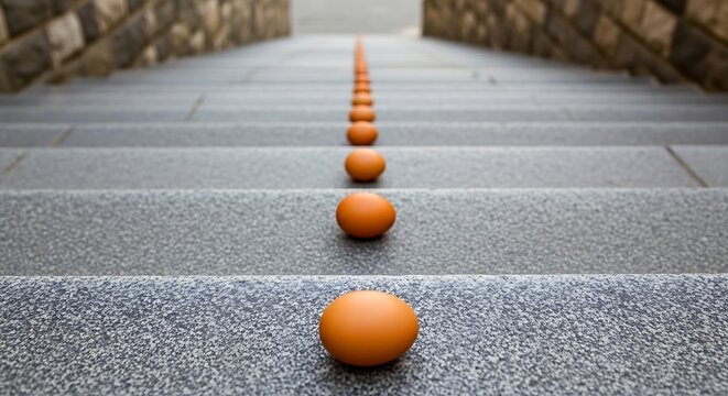 Row of brown eggs on stone stairs, symmetrical composition, abstract food concept