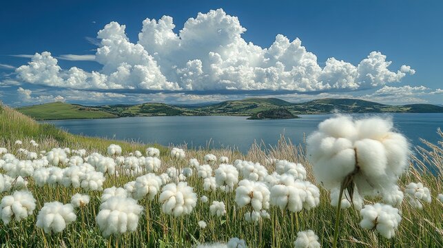 Scenic lake view with fluffy flowers