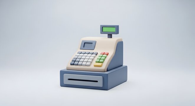 A modern cash register machine with a digital display and numeric keypad.
