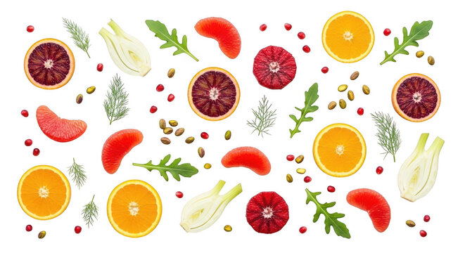 Fresh citrus fruits and herbs pattern isolated on transparent background