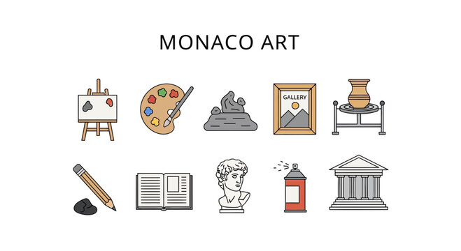 Collection of Art and Culture Icons Representing Monacos Artistic Heritage.