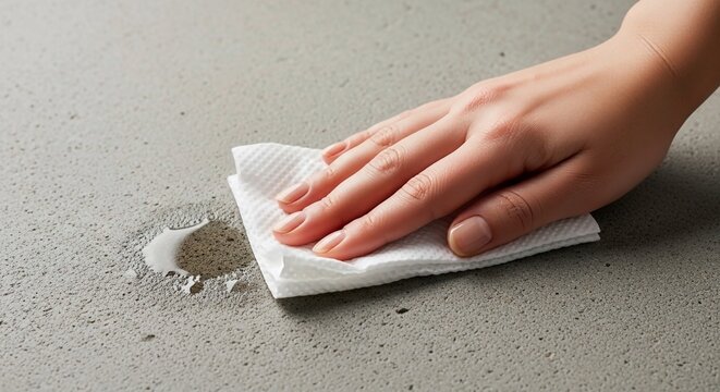 A Woman wiping grey textured surface with paper towel,high-angle view of a hand with a manicured finish using a white textured paper towel to wipe a spill from a grey concrete surface.