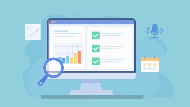 Flat animated video of a desktop monitor displaying a checklist dashboard with charts, search magnifier, and multiple notification icons including email, calendar, and microphone, representing communi