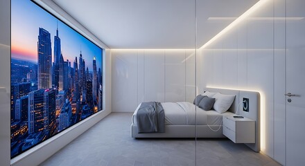Fototapeta premium Modern bedroom with cityscape wall art.