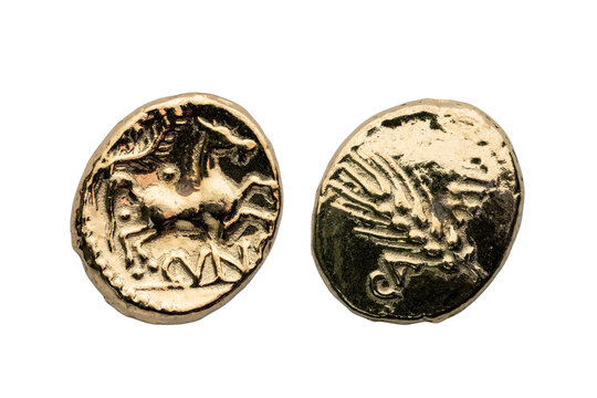 Gold Stater replica coin of Cunobelin AD 10-40 king of the ancient Briton tribes Catuvellauni and Trinovantes, obverse and reverse cut out and isolated on a transparent, background, stock photo