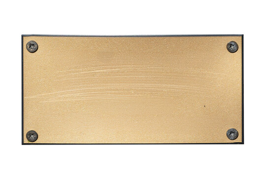 Brass plaque background with a brush metal texture and screws cut out and isolated on a transparent background, metal sign and signage stock photo image