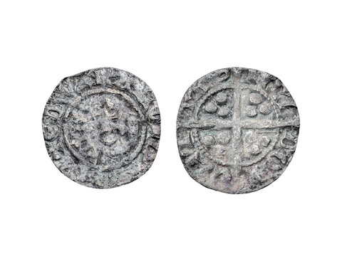 Silver long cross penny English hammered coin of King Edward II Class 10cf obverse and reverse 14th century 1305- 1310 minted in London England, cut out and isolated on transparent background