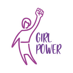 Logo Día Internacional de la Mujer. Dibujo con líneas de una mujer con el puño cerrado en alto, con texto Girl Power © teracreonte