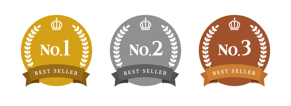 Gold Silver Bronze No.1 No.2 No.3 Best Seller Badge Set &ndash; Laurel Wreath Crown Ranking Vector