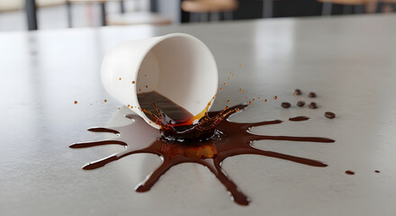 Fototapeta premium A white ceramic cup lies on its side, and a brown liquid has splattered everywhere on the surface of a gray table.