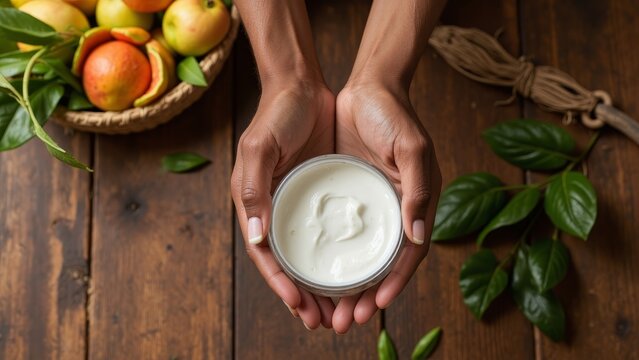 Hand holding jar of natural raw shea butter, indicative of a hand-crafted skincare product made from organic fruits and oils.