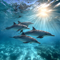 Fototapeta premium Group of dolphins underwater in tropical sea with sunlight