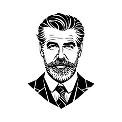 Logotipo con dibujo geométrico de la cara de un caballero con traje. Retrato de un anciano elegante con barba © teracreonte