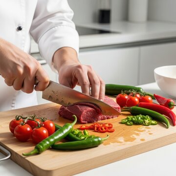Professional chef slicing raw beef steak on wooden cutting board