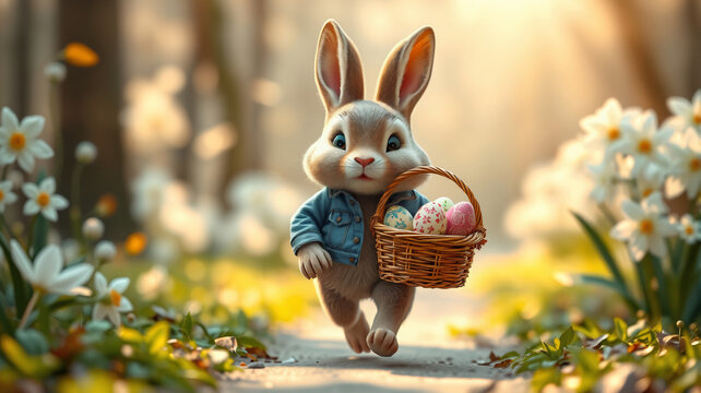 Animierter Hase in Jeansjacke tr&auml;gt Osterkorb durch Fr&uuml;hlingswald