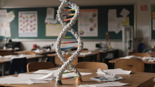 DNA double helix model on a desk in an empty science classroom.