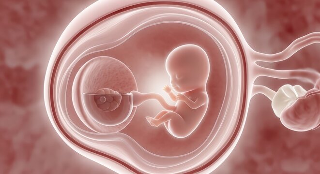 Human Embryo Development Inside Amniotic Sac With Umbilical Cord Attached Detailed Medical Illustration 10 Weeks Gestation