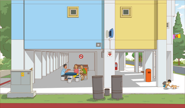 A typical Singapore HDB void deck: an open, breezy space with benches, bins, and communal tables where neighbors gather to chat.