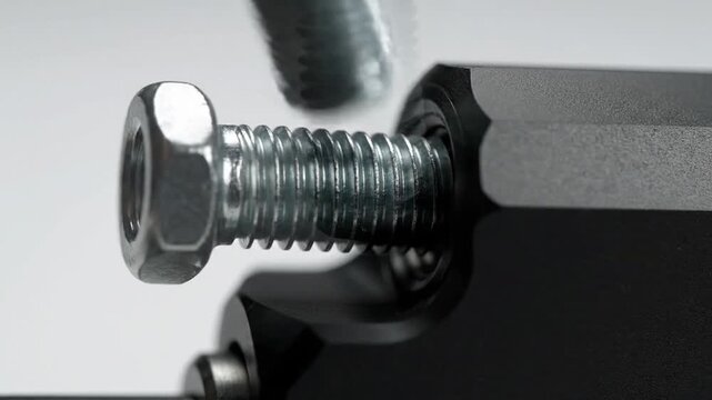 Close-up of a bolt and nut being tightened on a metal mechanism, industrial detail