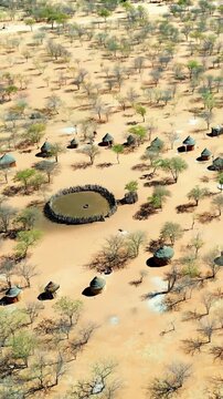 Aerial drone view of a traditional circular Himba village settlement in northern Namibia with huts arranged around a central livestock enclosure. Vertical