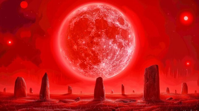 A red moon is in the sky above a field of red rocks. The scene is dark and mysterious, with the moon casting an eerie glow on the rocks