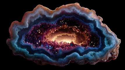 Fototapeta premium Agate Geode Crystal: A captivating close-up of an agate geode reveals a mesmerizing display of colors and textures, showcasing the intricate beauty of the natural world. 