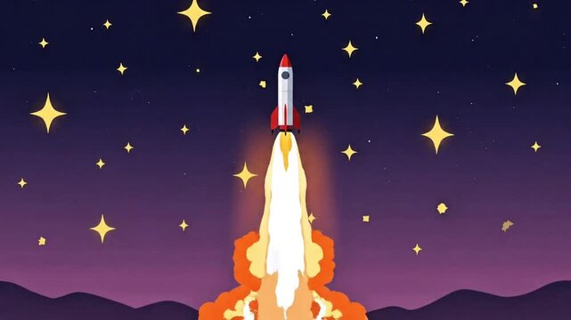 Flat style rocket launching at night, wide-angle view, dark sky filled with stylized stars, glowing exhaust trail illuminating ground, soft gradient night tones, smooth lift-off animation