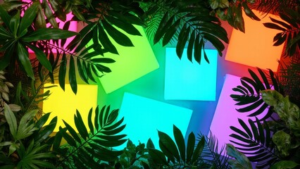 Naklejka premium A vibrant and colorful light installation in a jungle setting, with brightly lit trees amidst the natural environment.