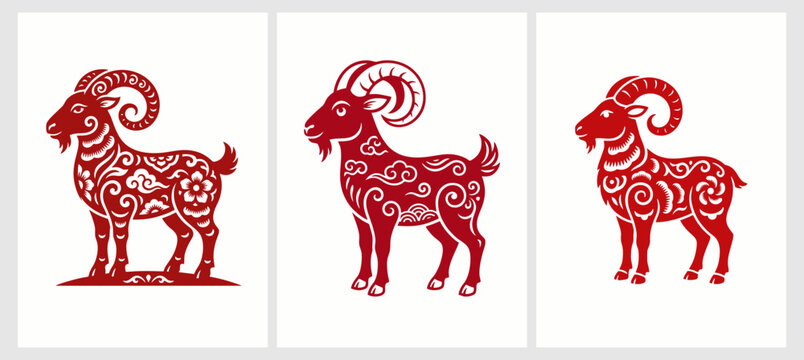 Chinese zodiac goat set. Red paper cut style sheep. Lunar new year vector icons.