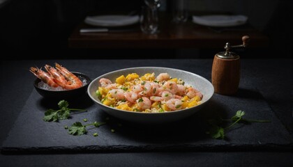 Fototapeta premium Moody shrimp rice bowl with dramatic lighting on dark slate