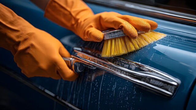 Extreme close-up of orange gloves on a deep blue luxury car, one hand pulling the chrome-trim door handle, the other brushing the foamy