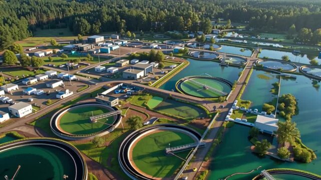 Aerial view of wastewater treatment plant, circular water purification tanks in industrial facility, sewage management station