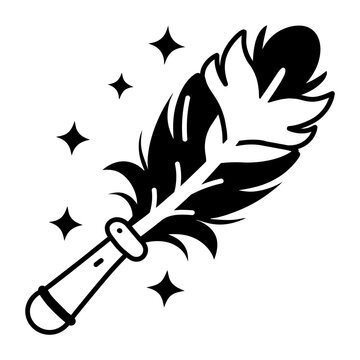 blacA glyph style icon representing a feather wand  
k and white vector illustration