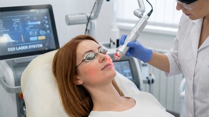 Fototapeta premium A dermatologist performs a fractional CO2 laser facial resurfacing treatment on a patient wearing protective eyewear in a professional medical clinic.