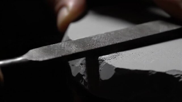 Close-up of a metal file sharpening a rough stone or metal surface, creating dust.