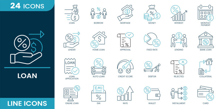 Loan icon set. Loan service, borrowing process, mortgage system, money funding, interest rate, monthly payment, lending service, home financing, approval status, Line vector icons collection.